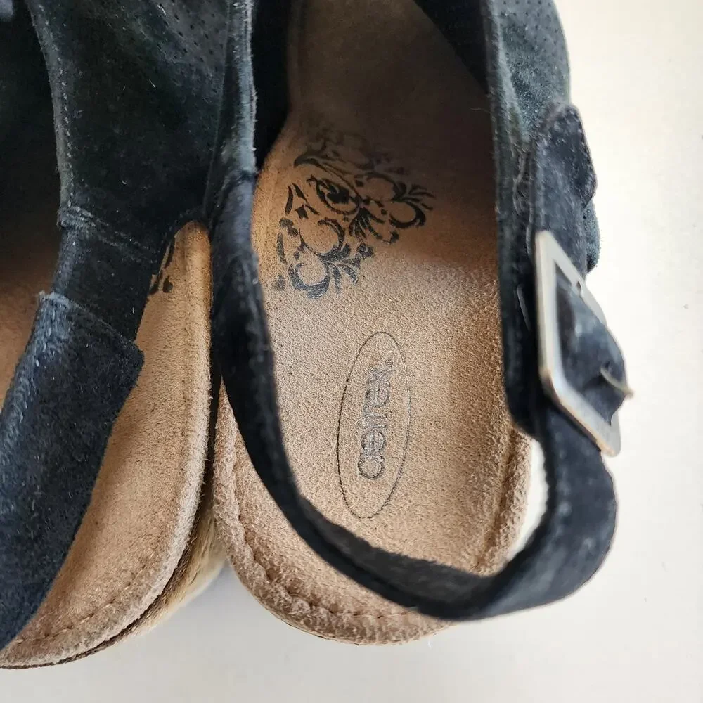 AETREX Womens Sherry Espadrille Wedge Sandal Size 10.5-11 Black Suede Perforated